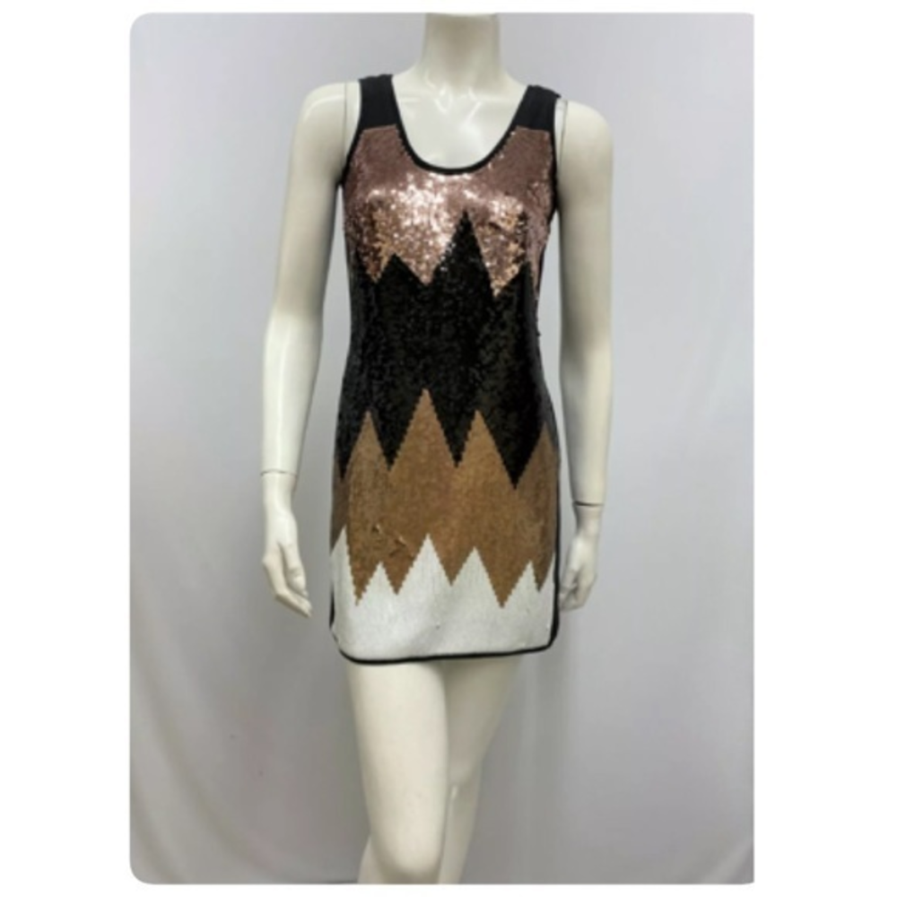 Tibi Sequin Silk Tunic Dress Black Bronze White‎ Geometric Size 2